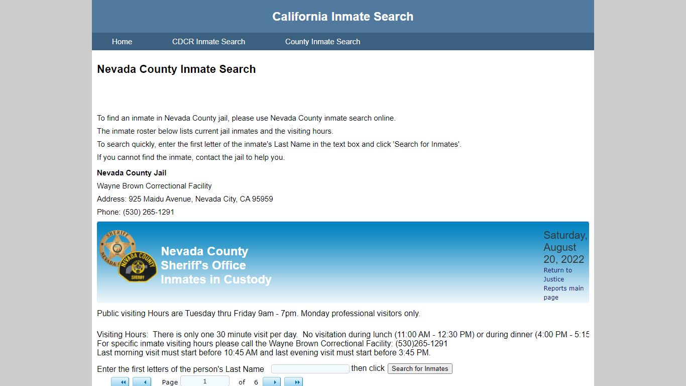 Nevada County Inmate Search