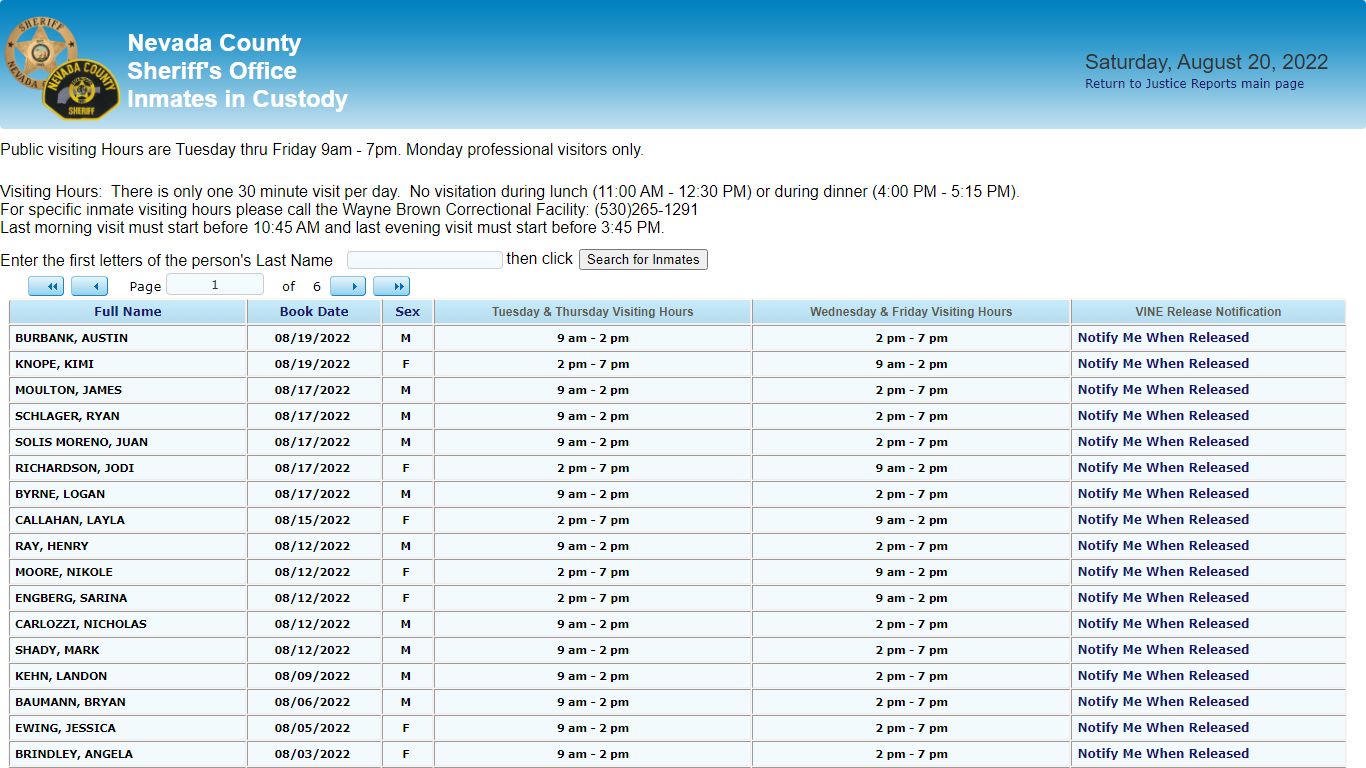 Inmates in Custody - County of Nevada Public Reporting